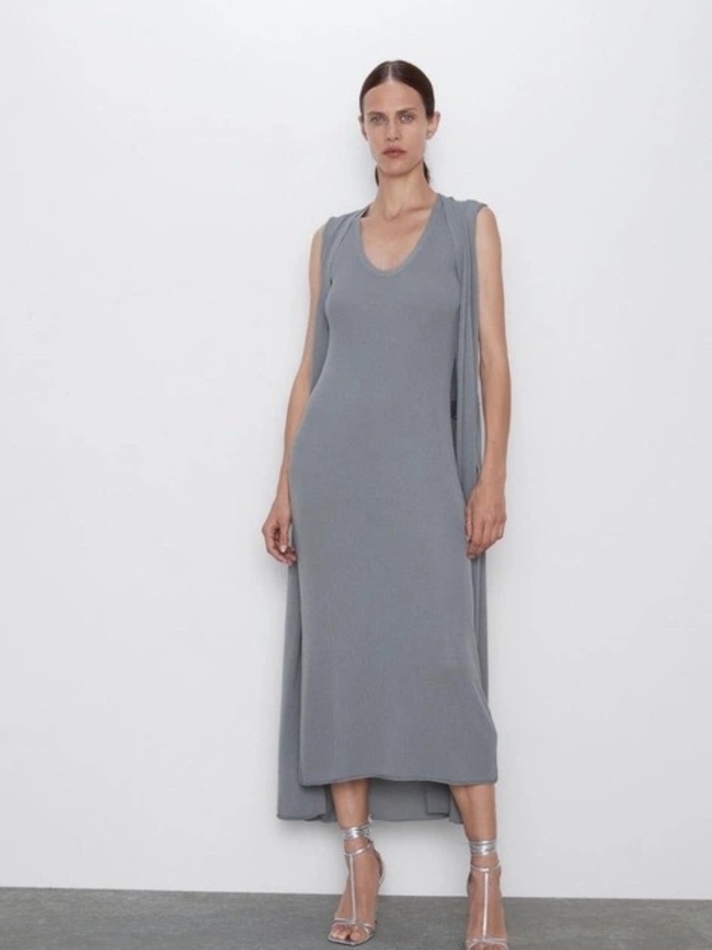 Zara Ribbed Knit Midi Dress & Duster Cardigan Coord Set Blue Gray Size Large